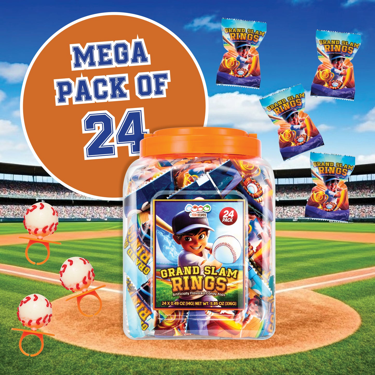 24 Baseball Candy Pops on Wearable Rings