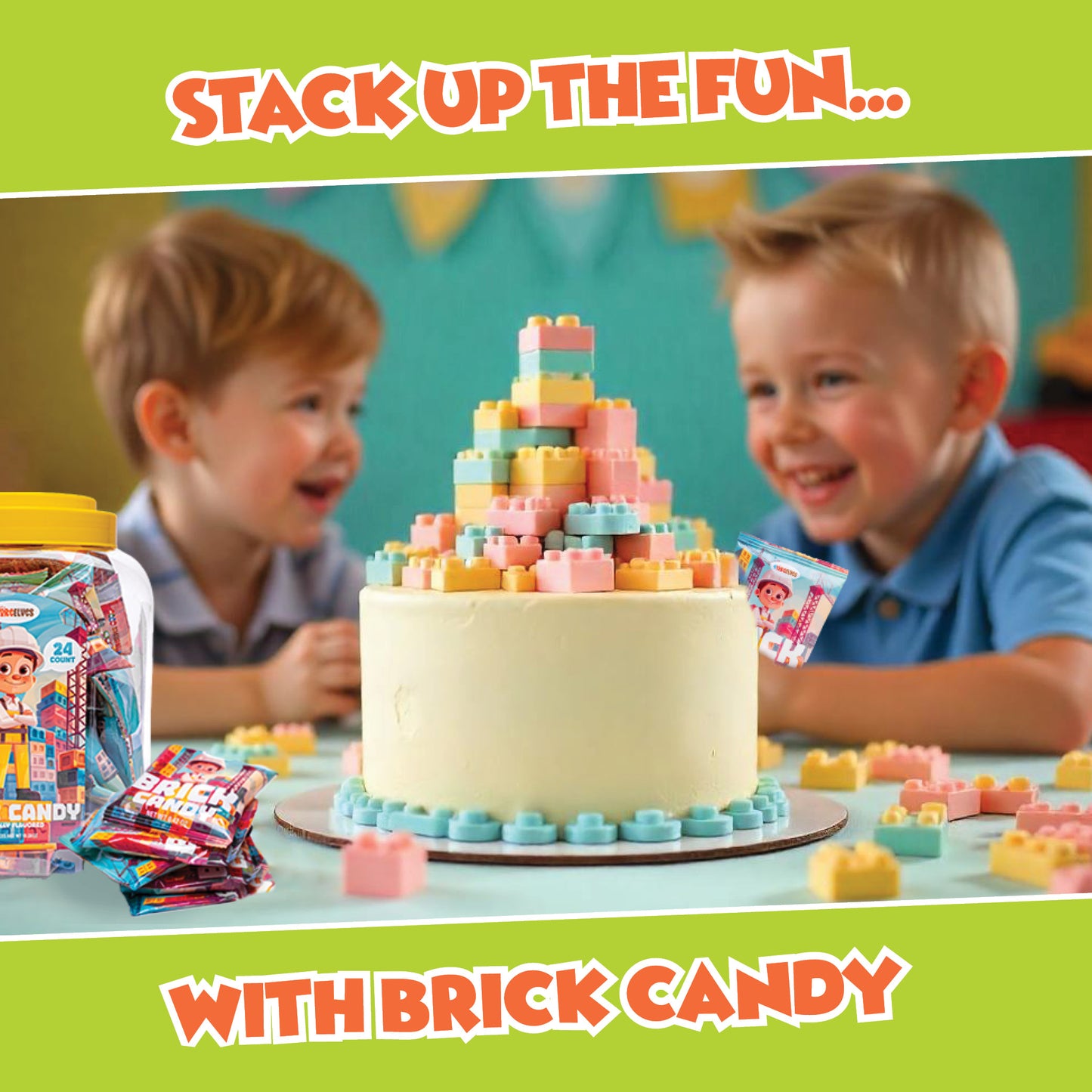 Candy Bricks, 24 Individual Party Favor Bags of Tutti Frutti Flavored Blocks