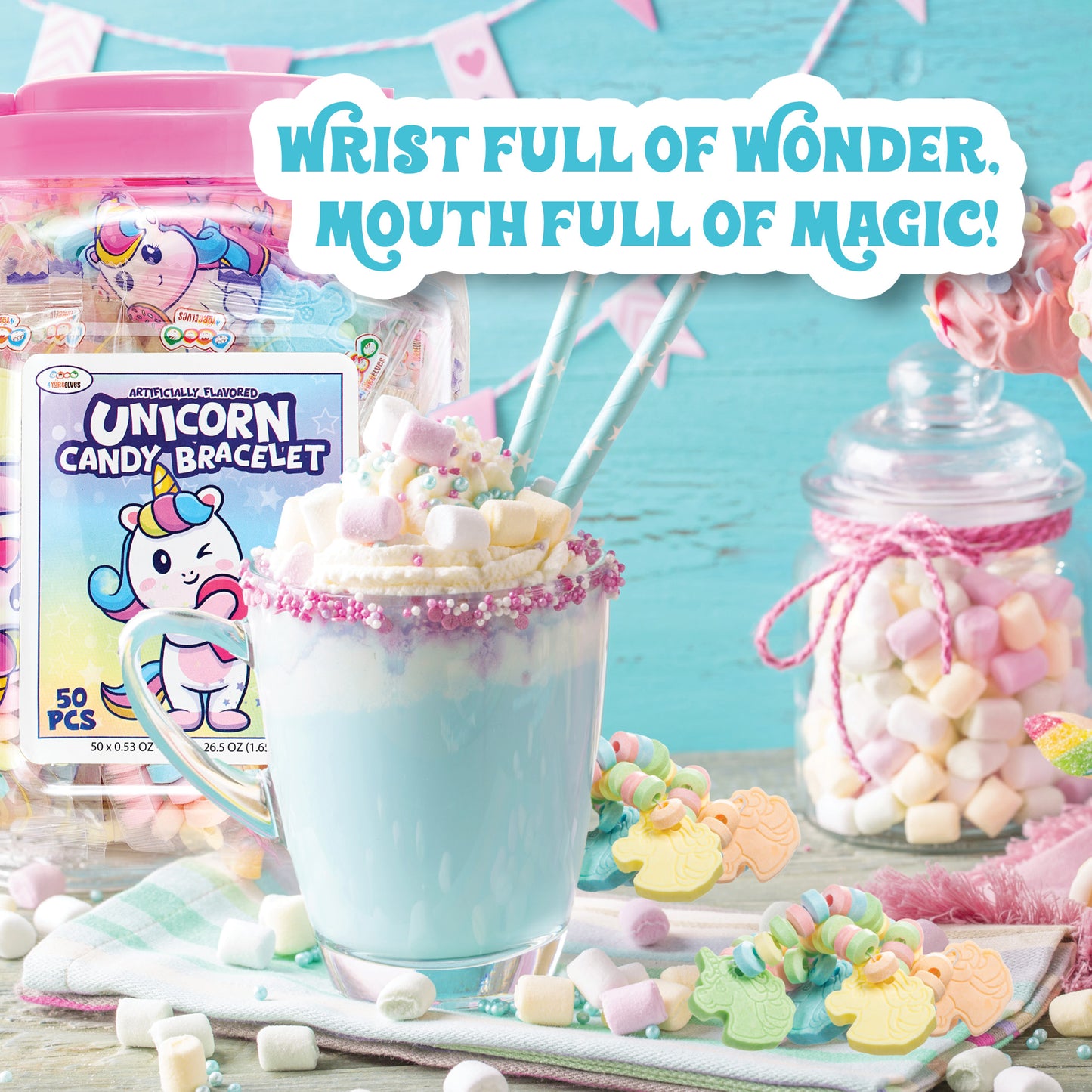 4YoreElves 50 individual wrapped Unicorn Candy Bracelet