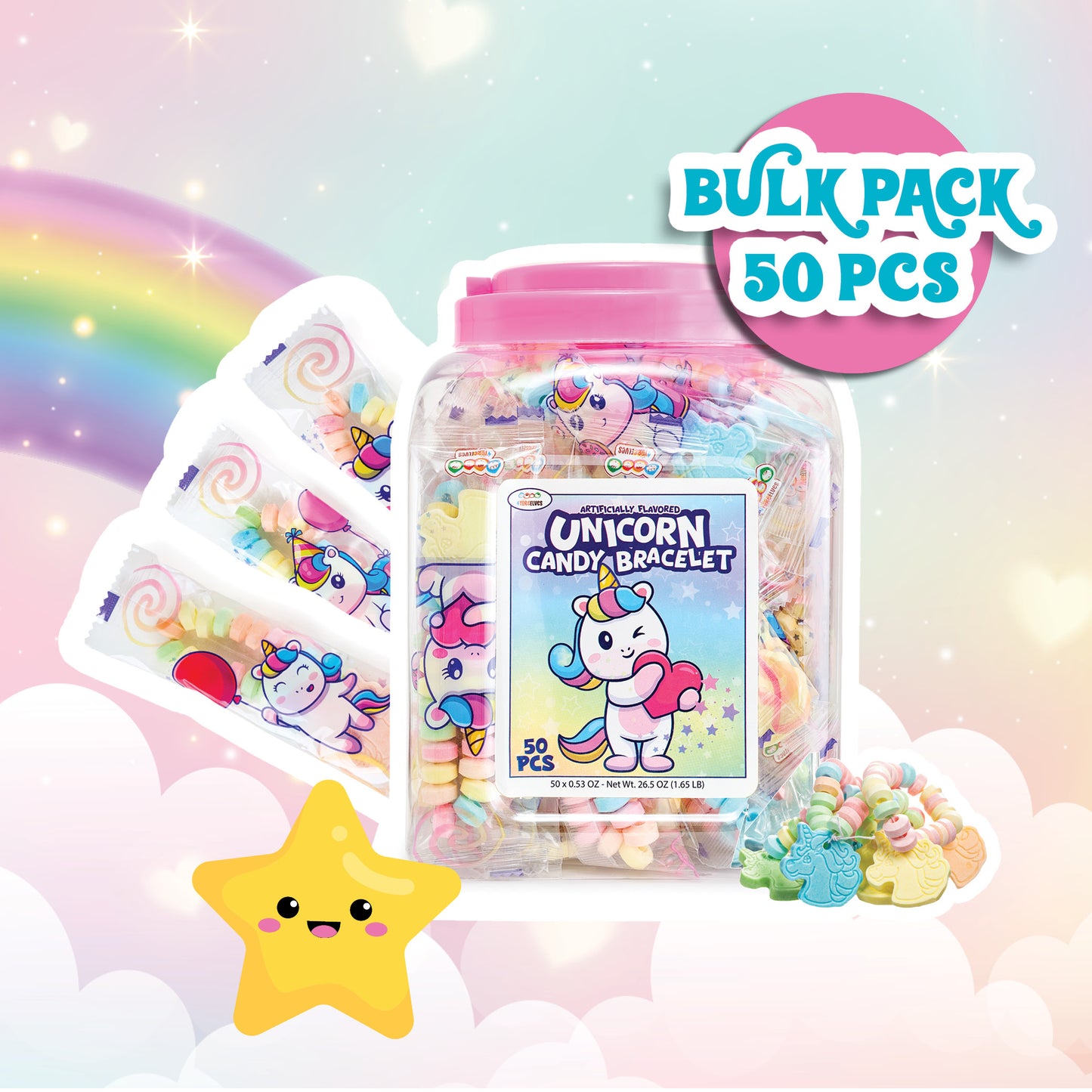 4YoreElves 50 individual wrapped Unicorn Candy Bracelet