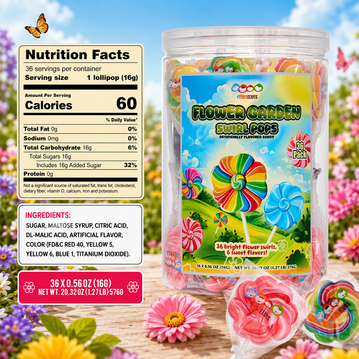 36 Flower Lollipops, Individually Wrapped