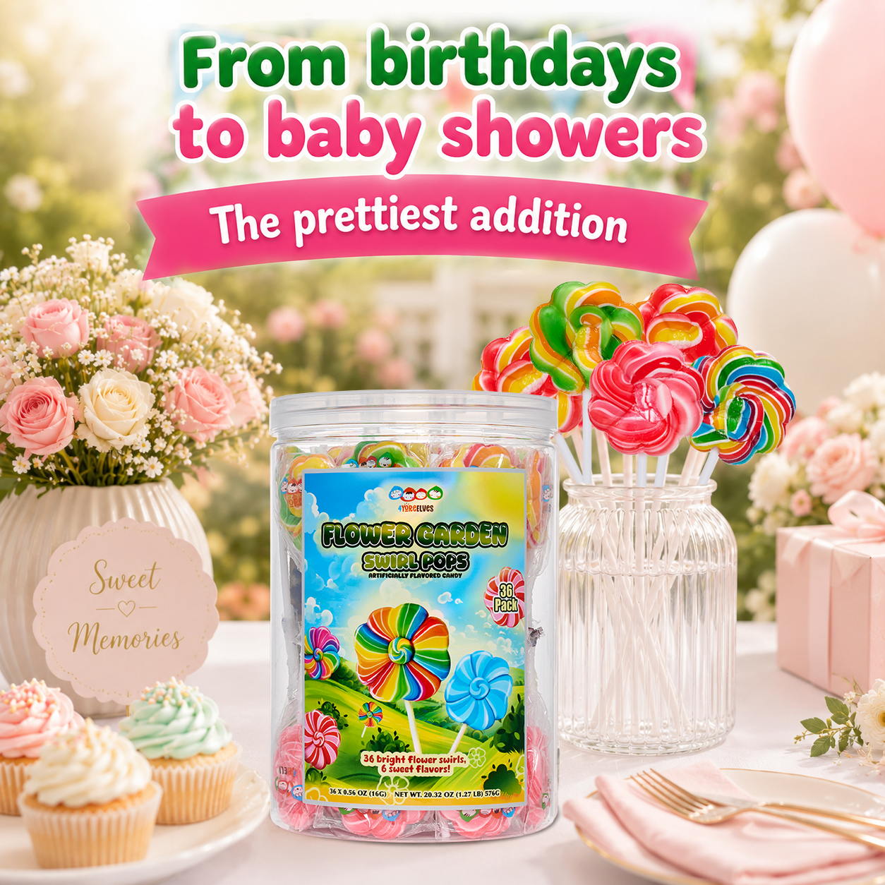 36 Flower Lollipops, Individually Wrapped
