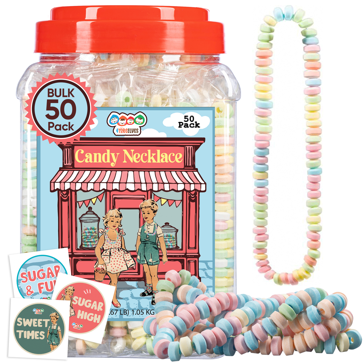 4YoreElves Individually Wrapped Candy Necklaces 50