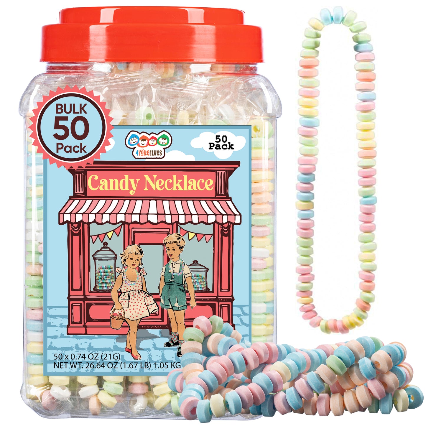 4YoreElves Individually Wrapped Candy Necklaces 50