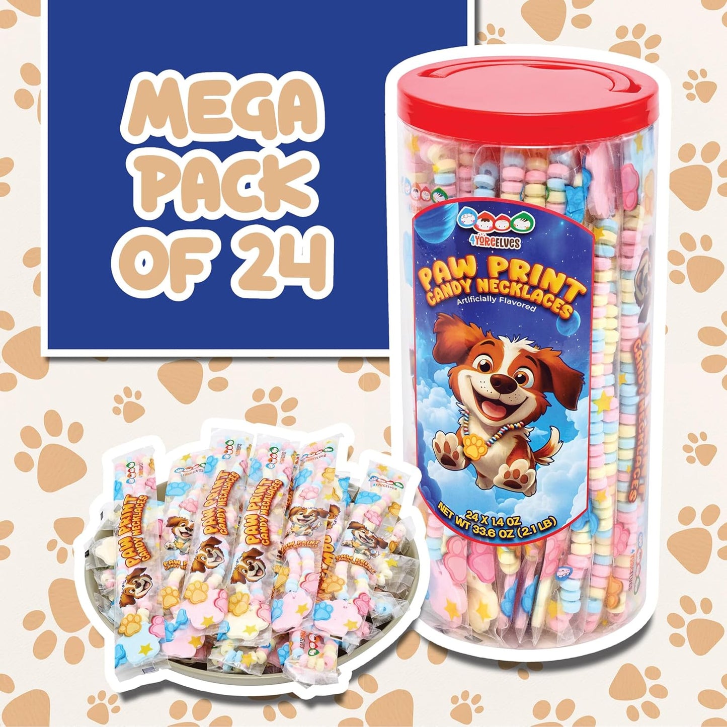 4YoreElves 24 Paw Print Candy Necklaces