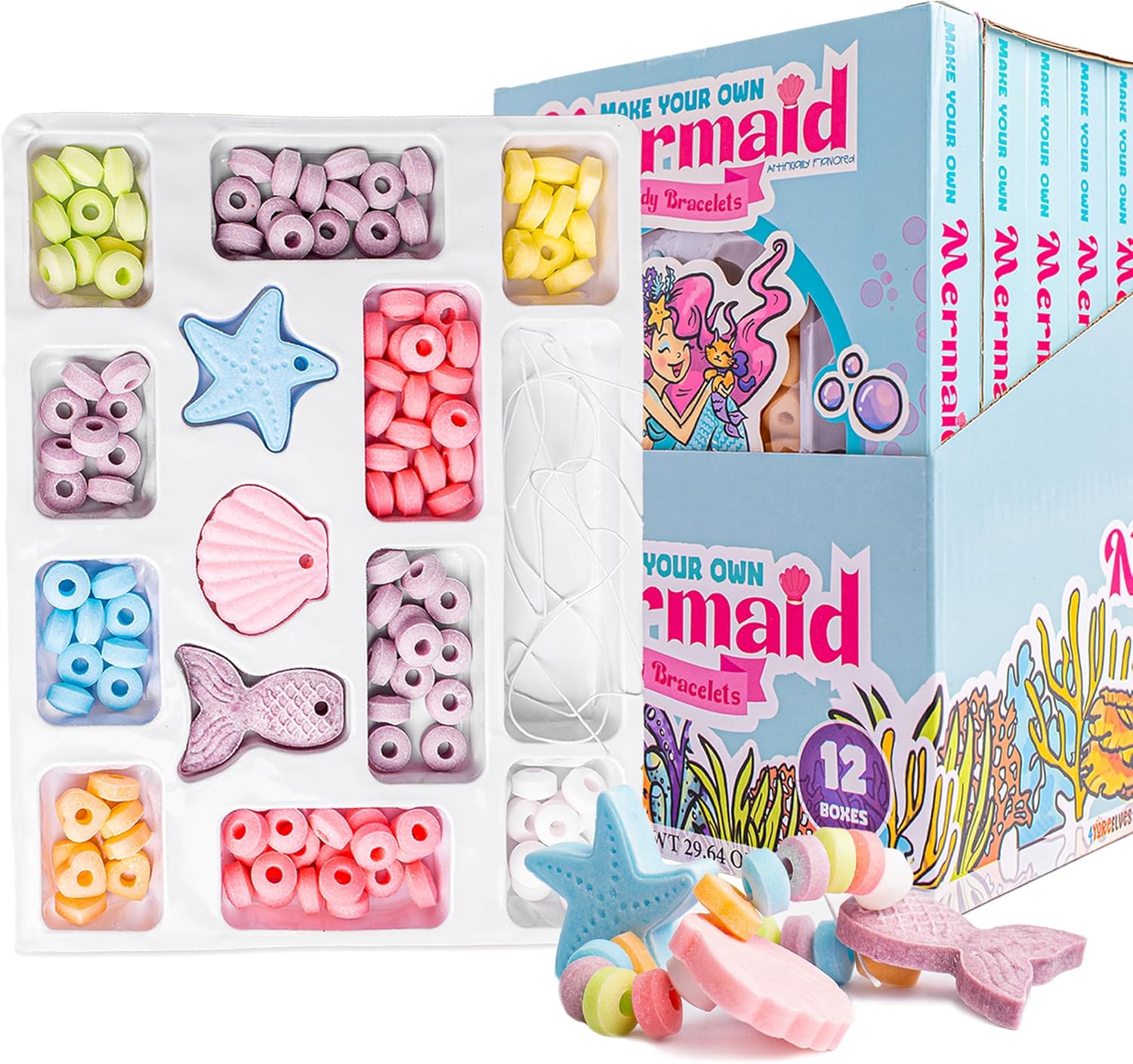 12 Mermaid Candy Bracelet Kits, String Your Own Candy Jewelry: Novelty Mermaid Candy Jewelry DIY Kit, Little Mermaid Party Favors, Box of 12 Individual Packs